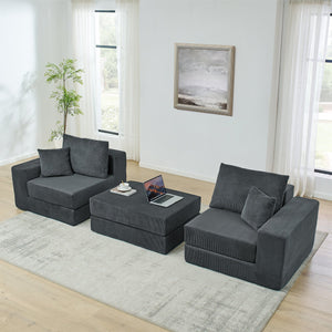 English Elm Modular Cloud Sectional Sofa with Corduroy Upholstery, Deep-Seat Sleeper Loveseat, Removable Ottoman, No-Assembly Comfort and Customizable Configuration Grey W1117P357546