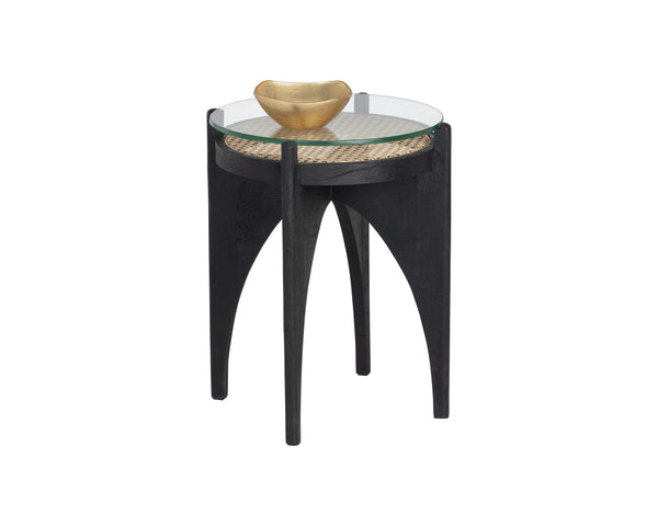Sunpan Adora Round End Table - Artisan-Crafted Rattan & Glass with Black Mango Wood Base for Unique Style