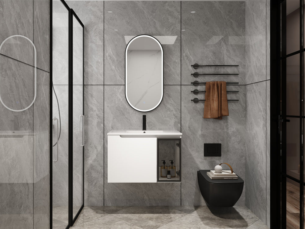 English Elm 30" Floating Bathroom Vanity Glossy White Plywood Cabinet with Frosted Glass Door W999S00524