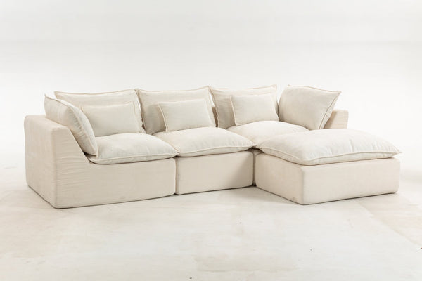 English Elm 102.3" Oversized Modular Sectional Sofa Cotton Linen Deep Seat Lounge with Ottoman Antique White W2530S00014