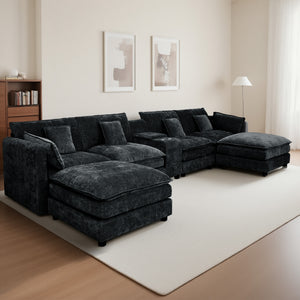 English Elm U Shaped Sectional Cloud Couch for Living Room 144" Plush Modular Sofa with Ottoman Storage Console Cupholders Black W3276S00011