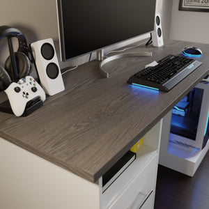 English Elm Gaming Desk White Finish with Dual Drawers & Adjustable Shelf for Cooling Airflow, Modern Durable Design B356P402674