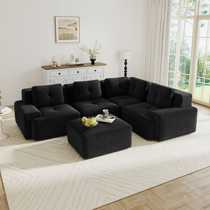 English Elm Modern Corduroy Sectional Sofa Deep Seat V Shape Tufted Couch with Movable Ottoman Black W714S01585