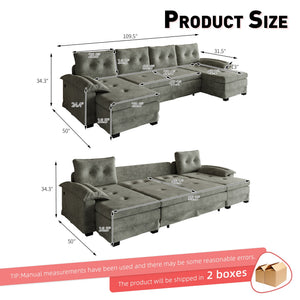 English Elm 109.5" Oversized U-shaped Sectional Sleeper Chenille Modular Sofa with Usb Ports Light Grey W1885S00439