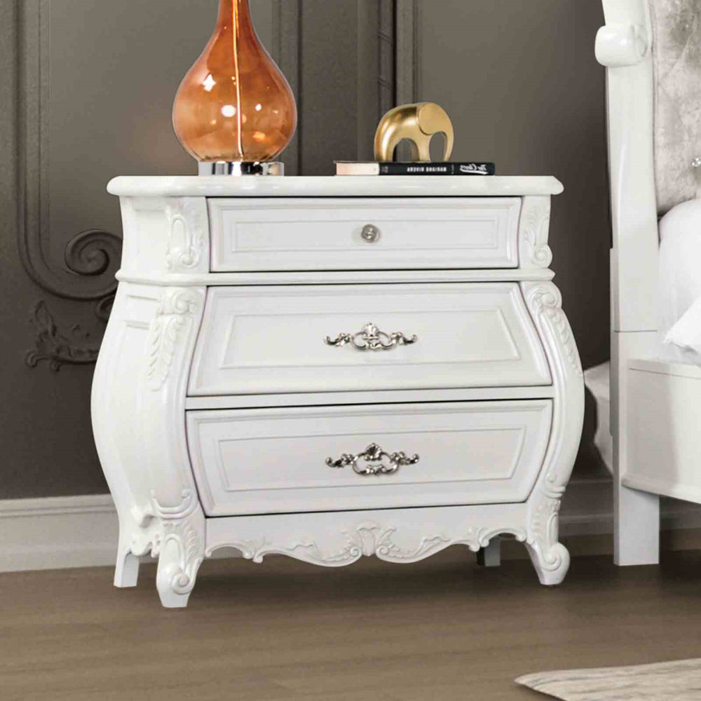 English Elm Traditional White Solid Wood Nightstand Hand Carved Drawers Acrylic Hardware Bedroom B2741P435292
