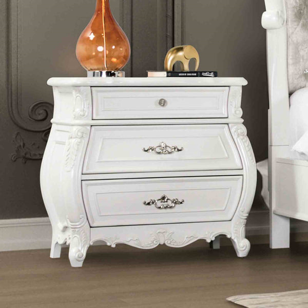 English Elm Traditional White Solid Wood Nightstand Hand Carved Drawers Acrylic Hardware Bedroom B2741P435292