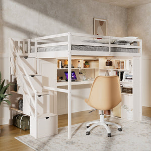 English Elm Full Loft Bed with Integrated Wardrobe Desk Shelving and Led Lighting for Teen Rooms Beige LT000927AAA