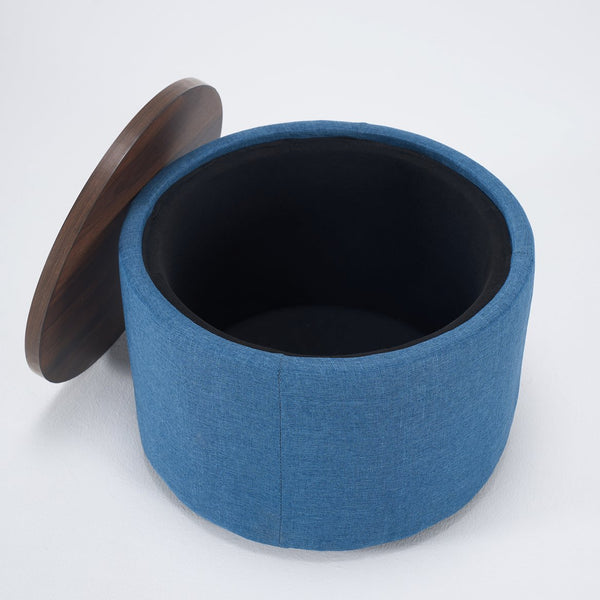 English Elm Ball Cast Round Nesting Ottoman Set Linen Upholstered Hidden Storage with Wooden Tray Blue W3163P379374