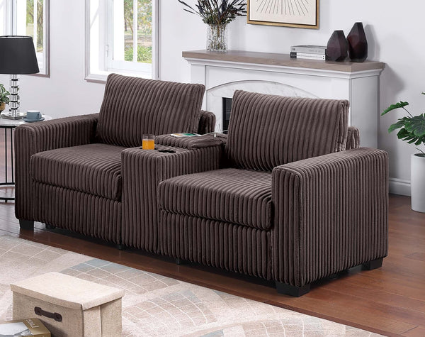 English Elm Chocolate Corduroy Sofa and Loveseat Set with Console Cup Holders Modern Living Room B011S02207