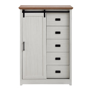 English Elm 5 Drawer Dresser with Sliding Barn Door — Farmhouse Modern MDF Chest with Metal Handle, Adjustable Shelves, Spacious Top White W2275P206613