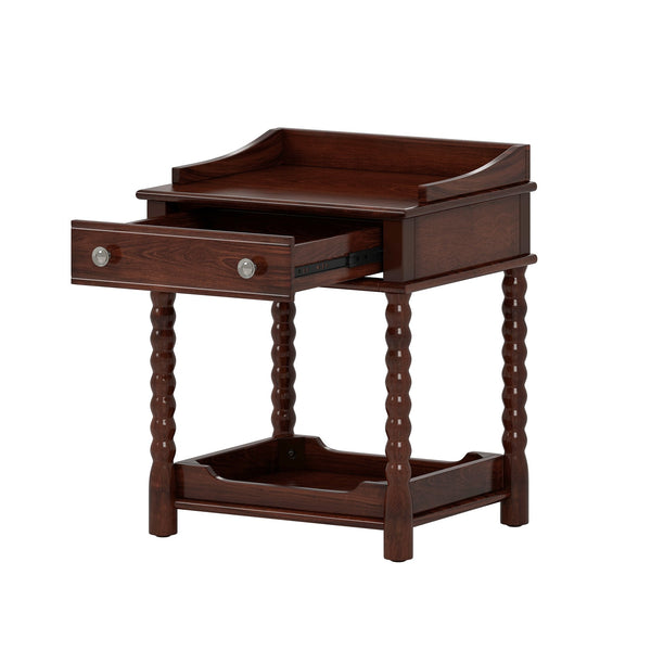 English Elm Retro Bedside Nightstand with Turned Rubberwood Legs Open Shelf and Drawer Storage Walnut N733P206240D