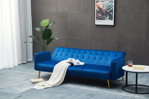English Elm Sofa Bed Velvet Upholstered Convertible with Gold Metal Legs for Studio Spaces Dark Blue B205P246427