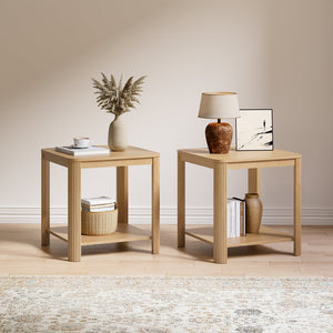 English Elm Rounded Square End Tables Set of 2 Boho Walnut with Wave Legs and Open Shelf W5563P449957