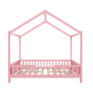 English Elm Montessori House Bed Frame Twin with Canopy & Full Guardrails, Cozy Kids Platform Bed for Toddlers Pink 77.8 L x 17.25 W x 7 H N733P356048H