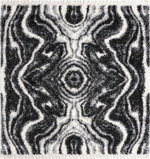 Unique Loom Hygge Shag Valley Machine Made Abstract Rug Black and White, Gray 7' 10" x 7' 10"