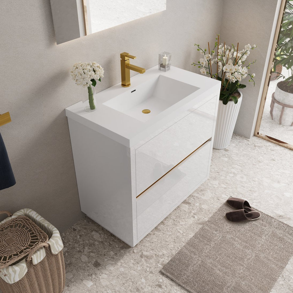 English Elm 36'' Floating Vanity Fluted Front Smoked Walnut Soft Close Drawer Quartz Basin W1920P385544