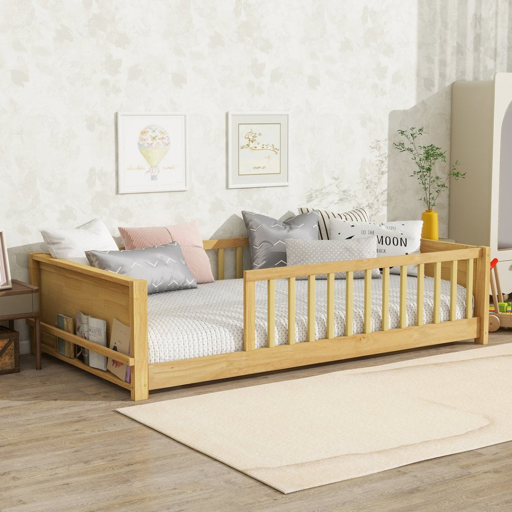 English Elm Twin Floor Platform Bed With Book Rack & Fence, Durable Natural Finish For Cozy Kids' Rooms W504P345766-GIGA