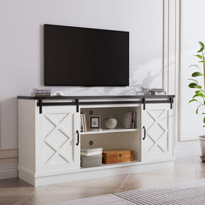 English Elm Farmhouse Rustic TV Stand with Barn Doors and Cable Management — Spacious Wooden Media Console White 63.58 L x 18.9 W x 6.77 H T3609P332398