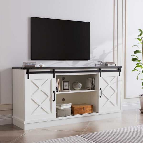 English Elm Farmhouse Rustic TV Stand with Barn Doors and Cable Management — Spacious Wooden Media Console White 63.58 L x 18.9 W x 6.77 H T3609P332398