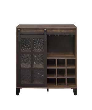 English Elm Treju Rustic Oak & Black Wine Cabinet with Obscure Glass Door, Adjustable Shelves & Stemware Rack B2726P268770