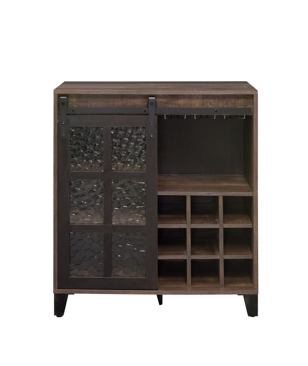 English Elm Treju Rustic Oak & Black Wine Cabinet with Obscure Glass Door, Adjustable Shelves & Stemware Rack B2726P268770