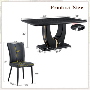 English Elm Black Wood Grain Mdf Dining Table Set Seats 4 with Striped Pu Leather Chairs W1151S04427