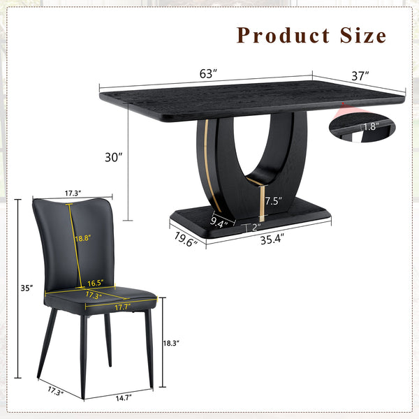 English Elm Black Wood Grain Mdf Dining Table Set Seats 4 with Striped Pu Leather Chairs W1151S04427