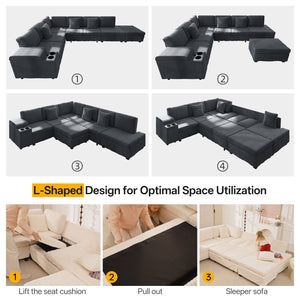 English Elm 110.2" Corduroy Sectional Sleeper Sofa with Ottoman Usb Ports Storage Armrests Living Room Dark Gray W3219S00012