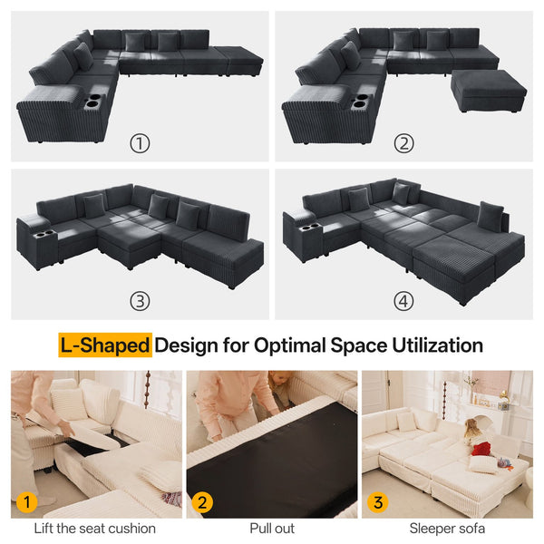 English Elm 110.2" Corduroy Sectional Sleeper Sofa with Ottoman Usb Ports Storage Armrests Living Room Dark Gray W3219S00012