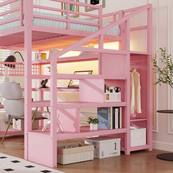 English Elm Full Size Steel Loft Bed with Staircase Storage Wardrobe Desk and Led Lighting Pink W2593S00077