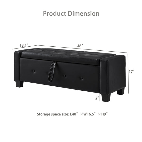 English Elm 48" Storage Ottoman Bench with Tufted Faux Leather Upholstery, Solid Wood Frame & 300lb Capacity Black W1097P338776