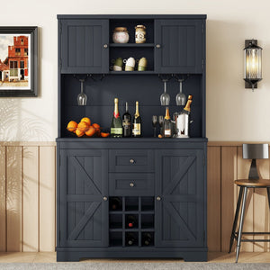 English Elm Coffee Bar Cabinet Dark Blue Farmhouse Buffet with Wine Cubbies, Stemware Rack, Drawers, Shelves & Prep Space Antique Blue W1580S00073
