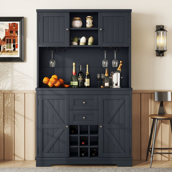 English Elm Coffee Bar Cabinet Dark Blue Farmhouse Buffet with Wine Cubbies, Stemware Rack, Drawers, Shelves & Prep Space Antique Blue W1580S00073
