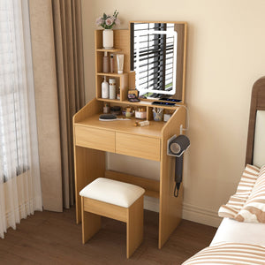 English Elm Vanity compact dressing desk with LED mirror, 3-color dimmable lights, drawers, stool, outlet Wood W2699P345799