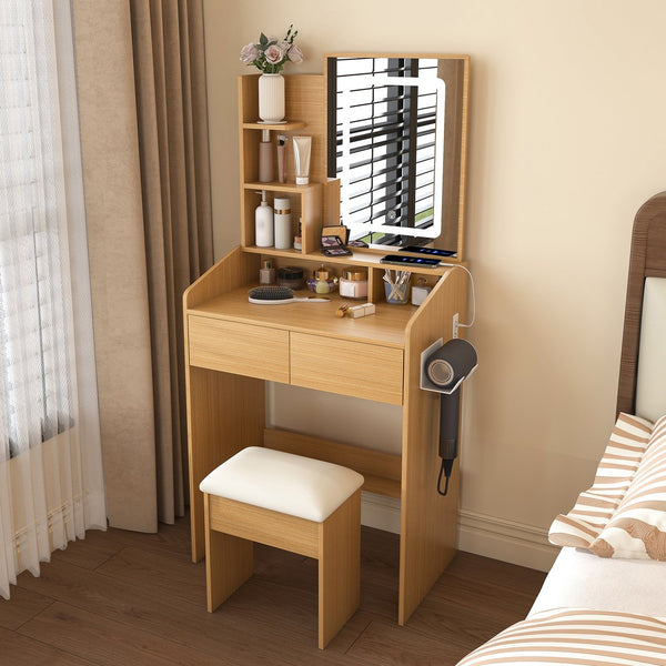 English Elm Vanity compact dressing desk with LED mirror, 3-color dimmable lights, drawers, stool, outlet Wood W2699P345799