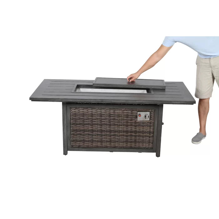 English Elm Aluminum/Wicker 62" Outdoor Propane Fire Pit Table in Espresso — 50" Fire Bowl, Rust-Resistant Aluminum, Covered Lid, Hidden Tank, Stylish Patio centerpiece B120P205639