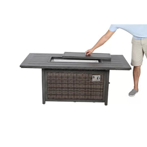 English Elm Aluminum/Wicker 62" Outdoor Propane Fire Pit Table in Espresso — 50" Fire Bowl, Rust-Resistant Aluminum, Covered Lid, Hidden Tank, Stylish Patio centerpiece B120P205639
