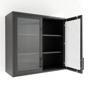 English Elm Retro Wall-Mounted Cabinet with Hazy Tempered Glass Doors, 2 Adjustable Shelves, Steel Black Finish W2378P176274
