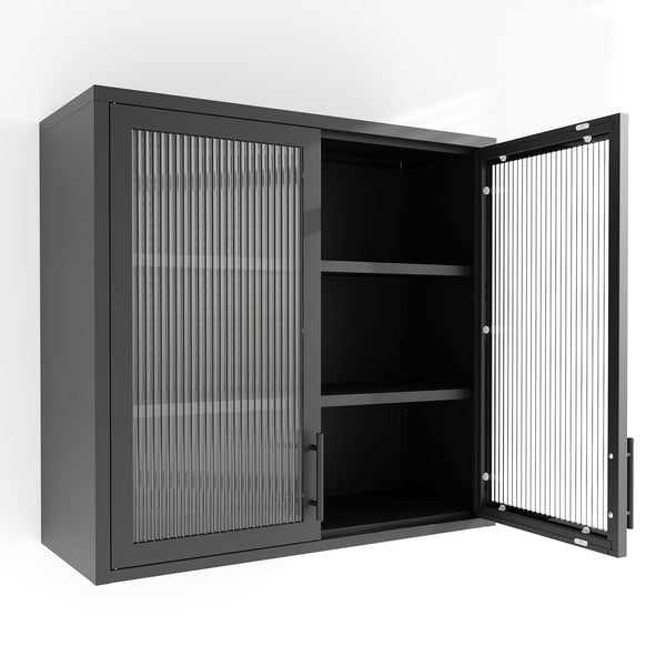 English Elm Retro Wall-Mounted Cabinet with Hazy Tempered Glass Doors, 2 Adjustable Shelves, Steel Black Finish W2378P176274