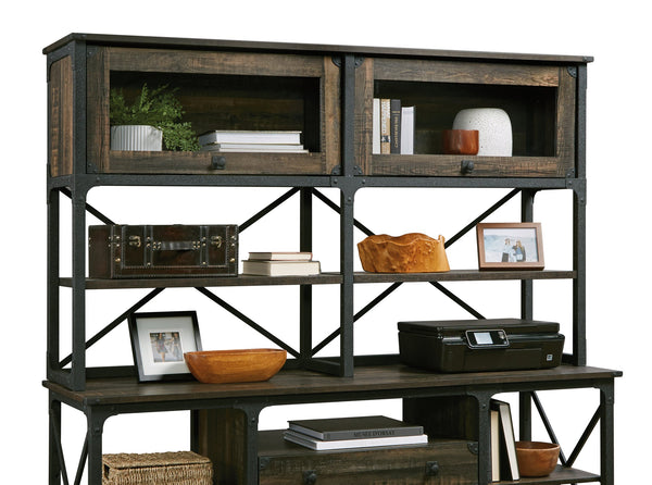 English Elm Hutch, Sleek Brown-Finish Display Unit With Adjustable Shelves & Industrial Metal Frame For Storage B356P367892