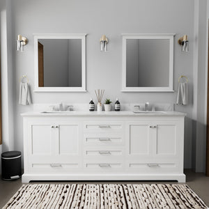 English Elm White Double Bath Vanity 80" W x 22" D with Carrara Marble Top, Soft-Close Drawers & Chrome Faucet Set B2731P258396