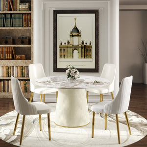 English Elm 53.15 "Modern Round Beige Dining Table With Sturdy Pu Base - Seats 6, Scratch-Resistant Design!" W1535S00449