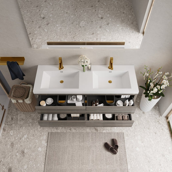 English Elm 60'' Floating Wall Mount Vanity Dual Quartz Basins Smoked Walnut Fluted Cabinet Grey Ash W1920P385582