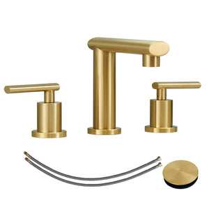 English Elm Brushed Gold Widespread Bathroom Faucet - Low-Arch Design With Pop-Up Drain & Supply Lines Included T3177P277503
