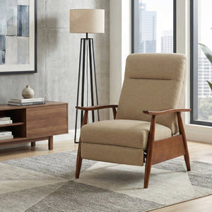 English Elm Tustin Mid-century Push Back Recliner with Chestnut Wood Arms and Performance Fabric Beige B050P429143