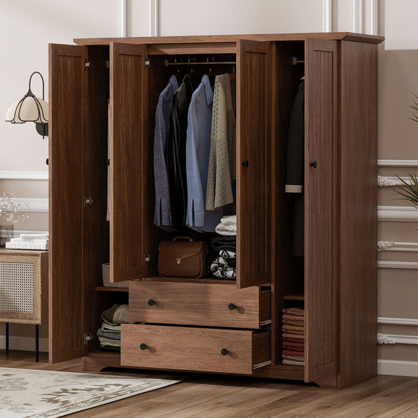 English Elm 4 Door Wardrobe Armoire Closet with 2 Drawers Rustic Pine & MDF Storage Cabinet with Shelves and Hanging Space Brown N7090001842D
