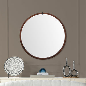 English Elm Jennifer Taylor Home - Hausen 31.5" Mid-Century Round Wall Mirror with Walnut Veneer, Gunmetal Accents, Spacious Glow B2719P246002