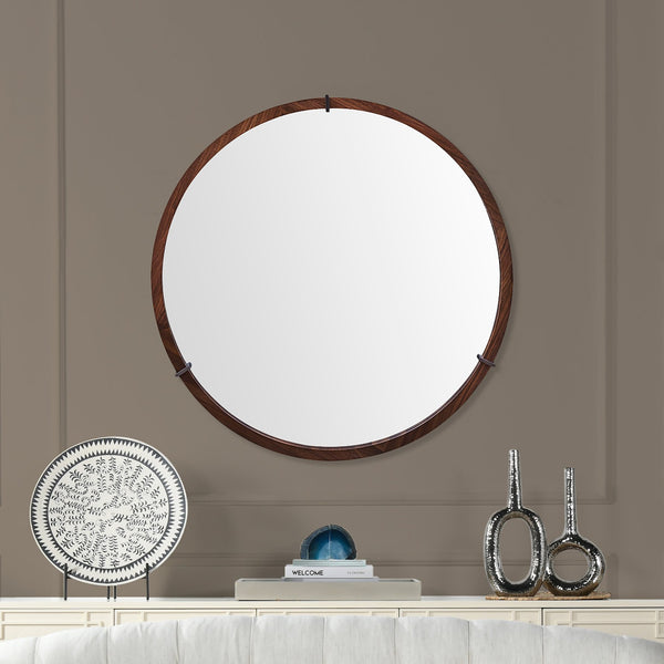 English Elm Jennifer Taylor Home - Hausen 31.5" Mid-Century Round Wall Mirror with Walnut Veneer, Gunmetal Accents, Spacious Glow B2719P246002