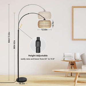 English Elm Arc Floor Lamp With Remote & Dimmable Led Bulb - Adjustable Height, Boho Rattan Shade For Cozy Living Spaces W2738P185417