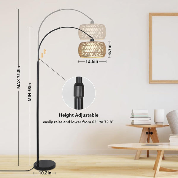 English Elm Arc Floor Lamp With Remote & Dimmable Led Bulb - Adjustable Height, Boho Rattan Shade For Cozy Living Spaces W2738P185417
